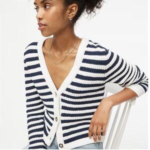 J.CREW Striped knit V-neck cardigan sweater Cotton Blue White Large coastal